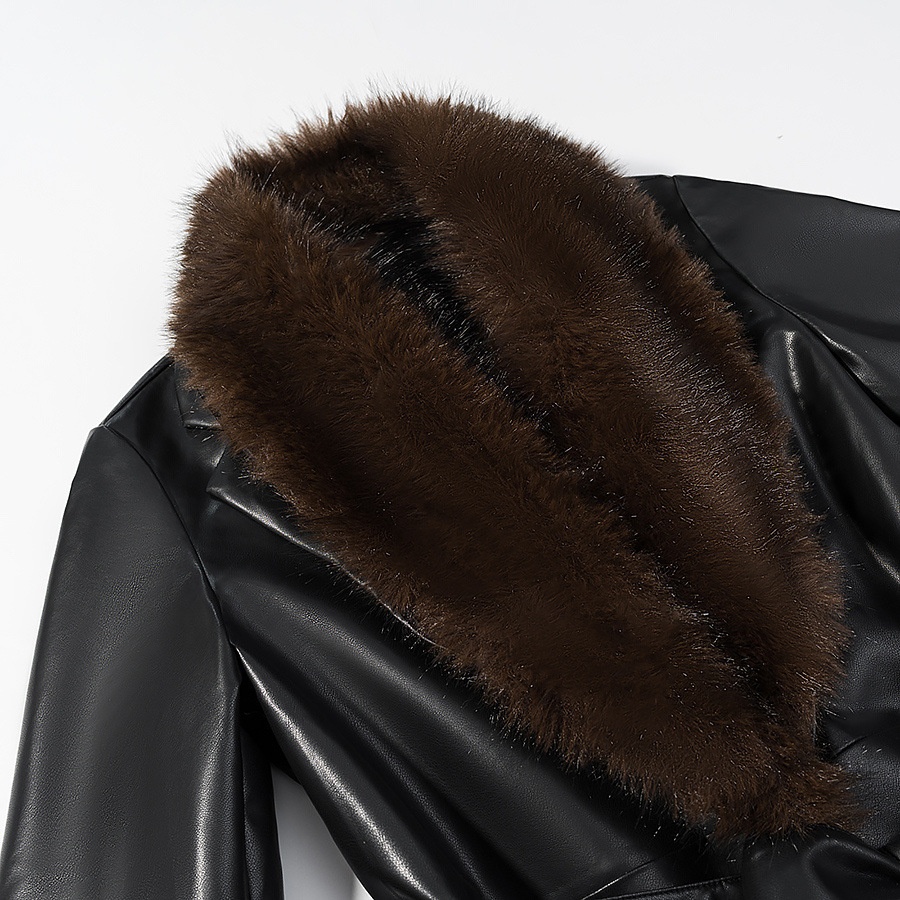 Cappotto lungo in similpelle con collo in pelliccia removibile KUN-00045