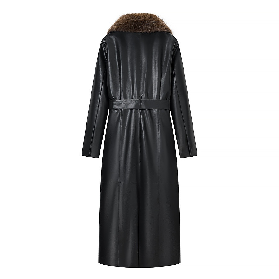 Cappotto lungo in similpelle con collo in pelliccia removibile KUN-00045