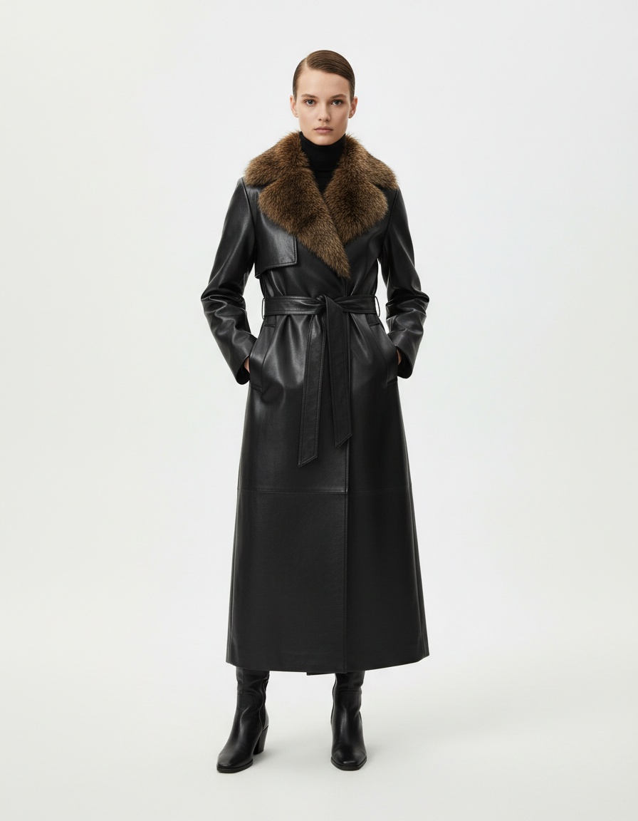 Cappotto lungo in similpelle con collo in pelliccia removibile KUN-00045