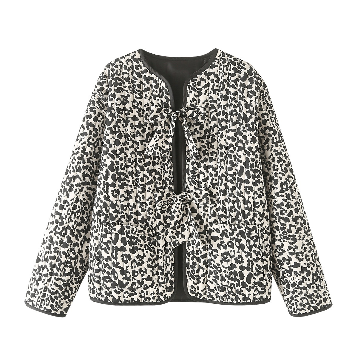 Steppjacke aus Baumwolle mit Leopardenmuster - Klassischer Bindegürtel KUN-00006