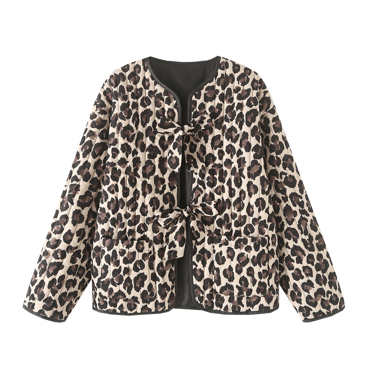 Steppjacke aus Baumwolle mit Leopardenmuster - Klassischer Bindegürtel KUN-00006