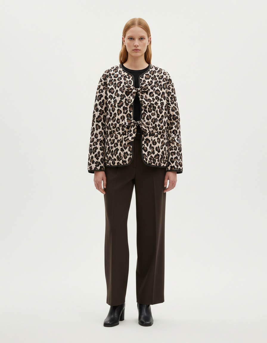 Steppjacke aus Baumwolle mit Leopardenmuster - Klassischer Bindegürtel KUN-00006