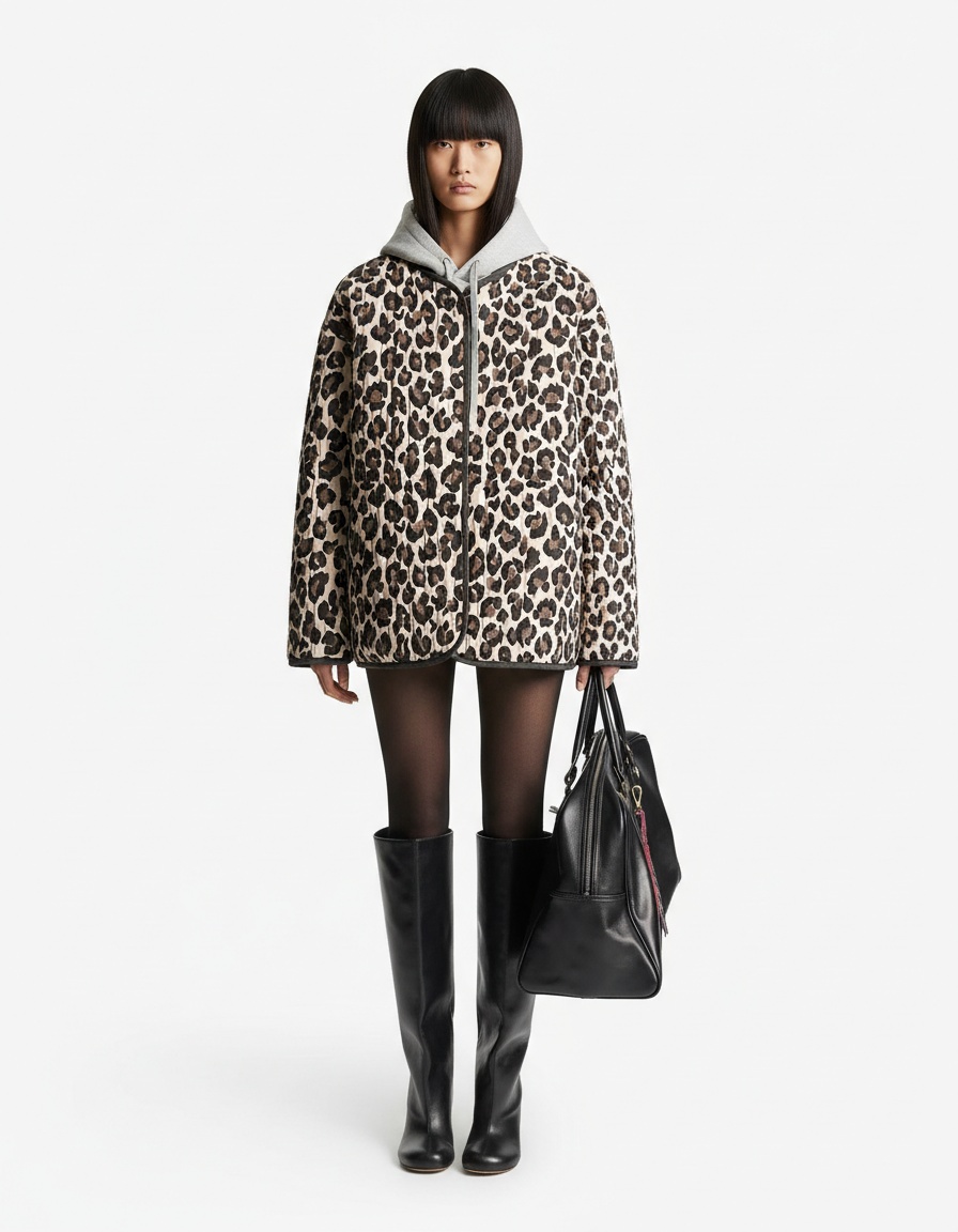 Steppjacke aus Baumwolle mit Leopardenmuster - Klassischer Bindegürtel KUN-00006