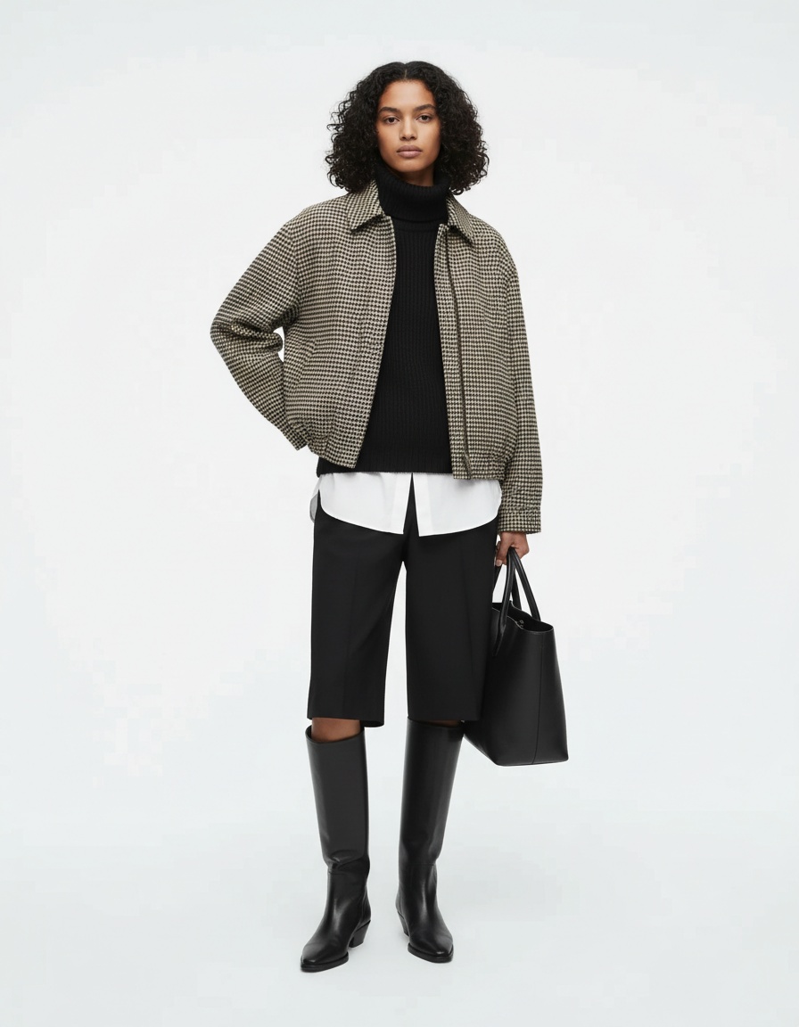 Giacca bomber con spalline imbottite a fantasia pied de poule KUN-00042