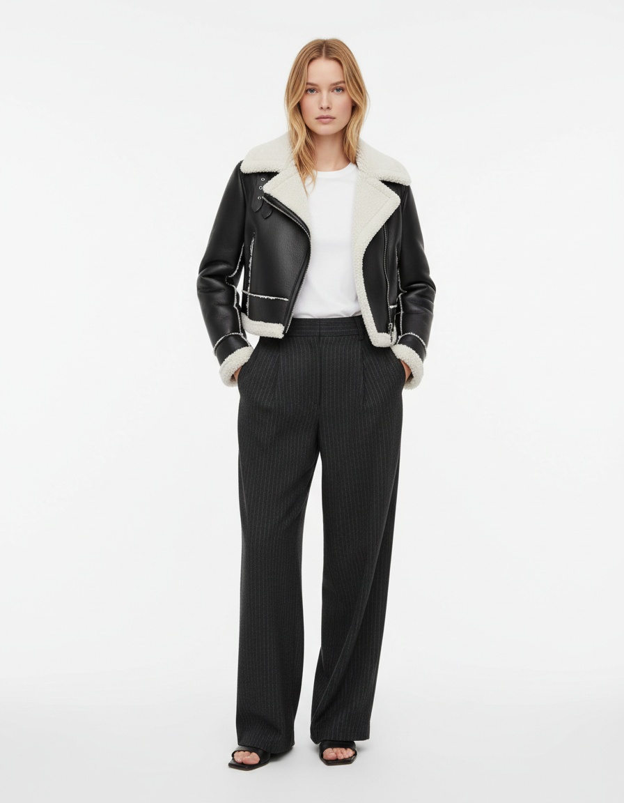 Giacca da motociclista in finta pelliccia di montone - Stile biker di tendenza KUN-00047