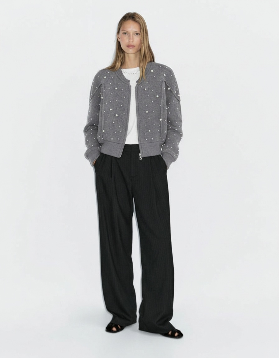 Giacca bomber in maglia con dettagli in perle KUN-00057