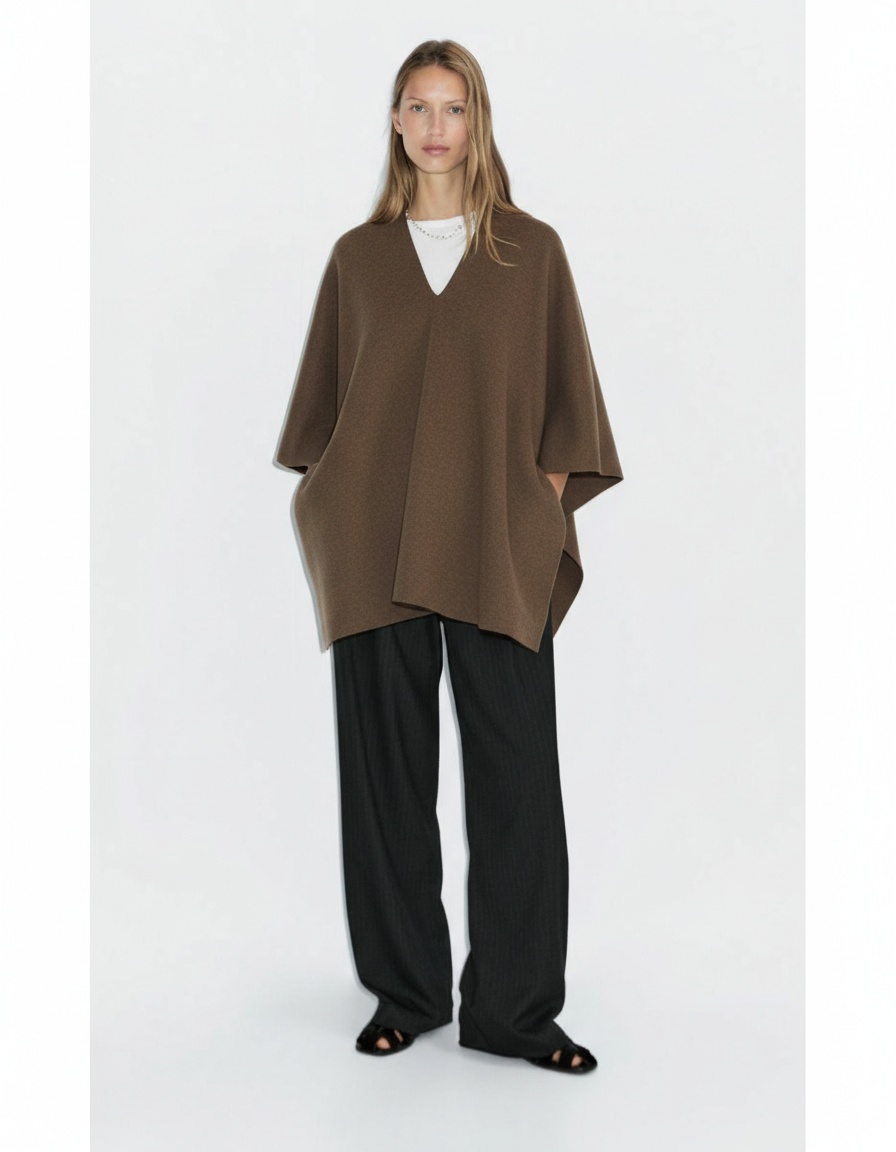 Poncho/mantella in maglia - Lungo, elegante, stile europeo KUN-00080