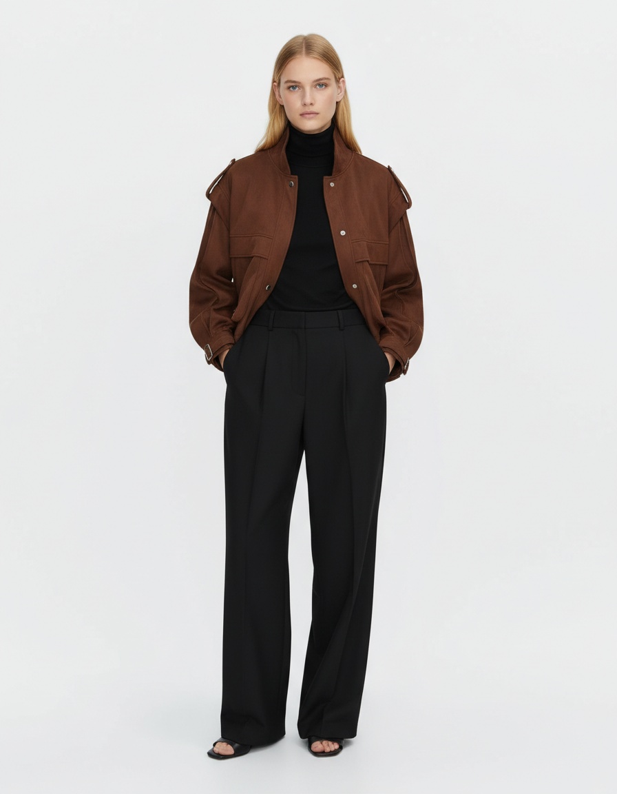 Giacca in pelle scamosciata da donna, modello oversize con spalle larghe e tasche, KUN-00125