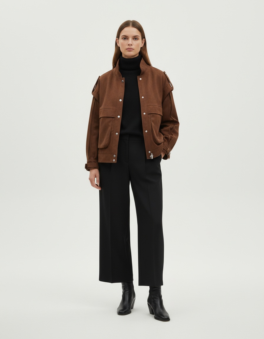 Giacca in pelle scamosciata da donna, modello oversize con spalle larghe e tasche, KUN-00125