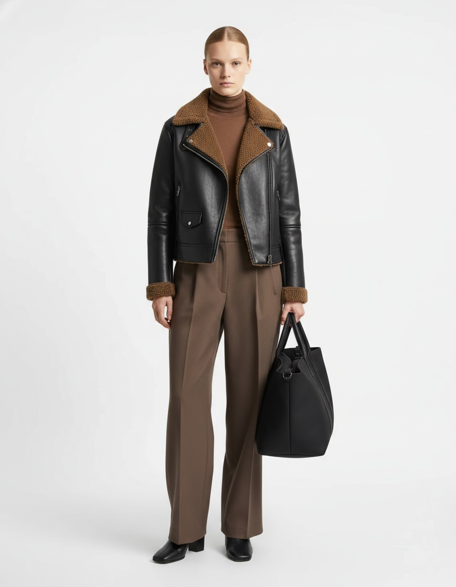 Giacca da motociclista da donna con fodera in finta pelliccia di montone KUN-00163