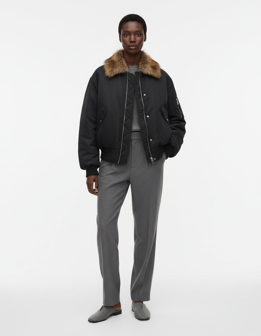 Giacca da donna elegante e casual con collo in pelliccia sintetica KUN-00215