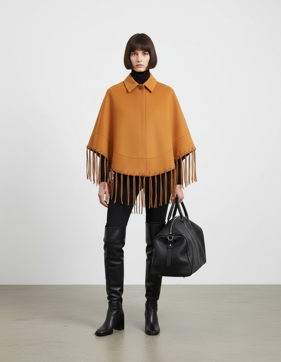Poncho in pelle scamosciata con frange - Sciarpa versatile in stile western KUN-00217