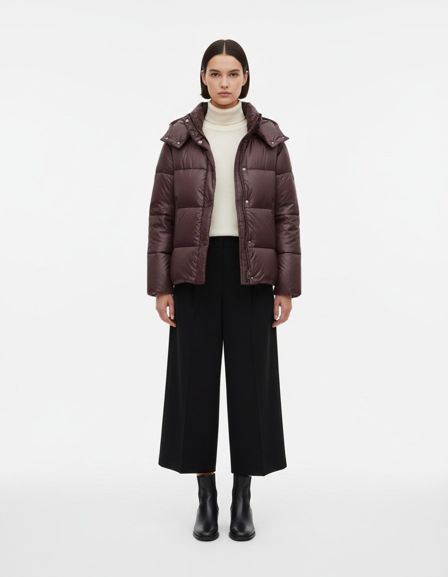 Giacca imbottita con cappuccio, lucida, stile classico KUN-00001