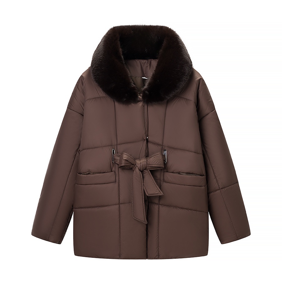 Cappotto imbottito da donna in cotone con collo e cintura in pelliccia KUN-00005