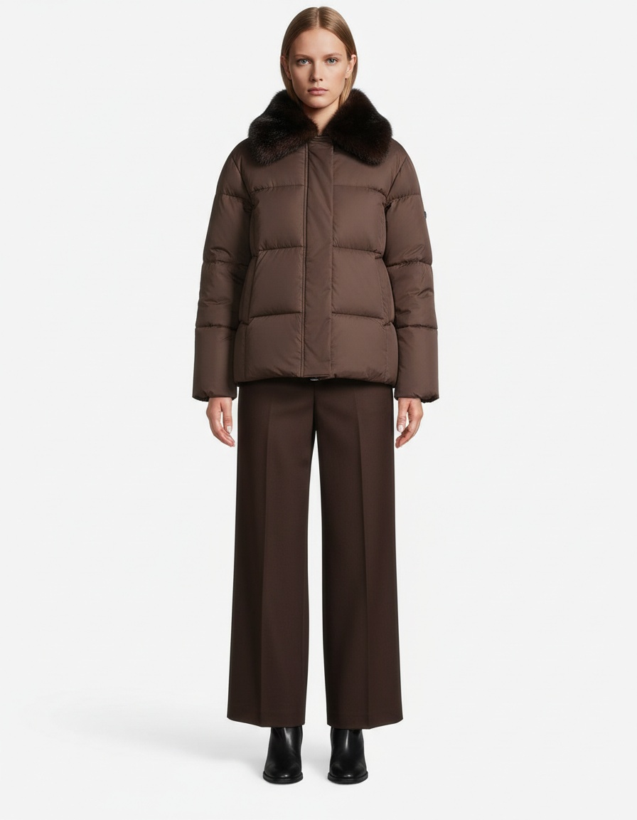 Cappotto imbottito da donna in cotone con collo e cintura in pelliccia KUN-00005