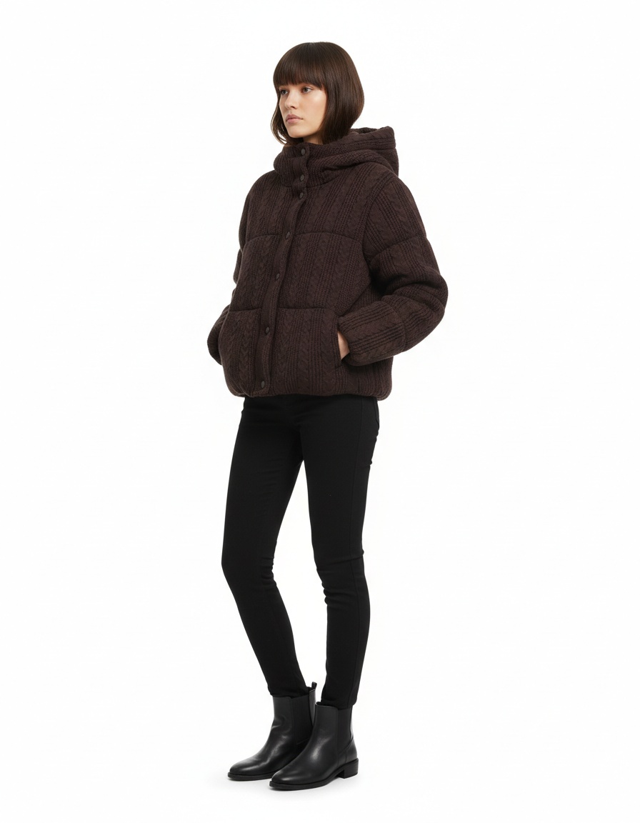 Women's Hooded Padded Cotton Jacket Braided Trim KUN-00024