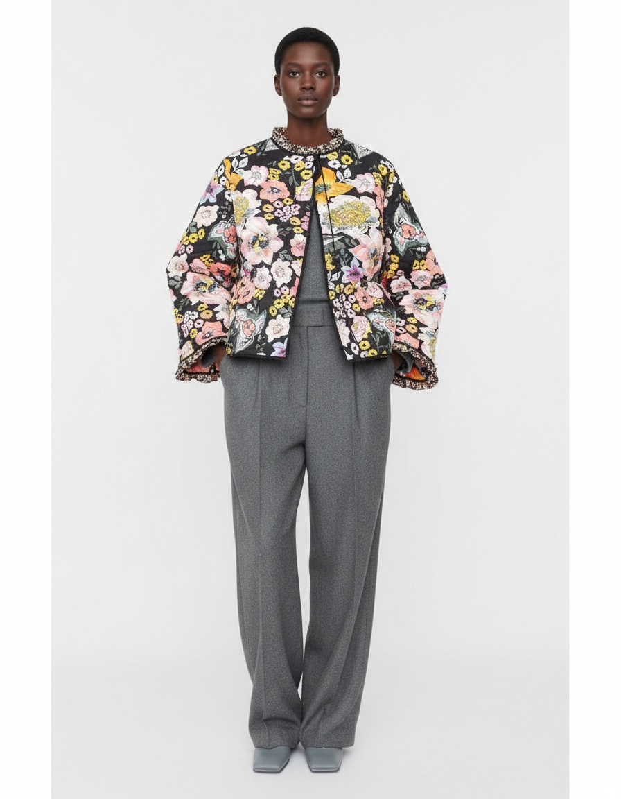 Giacca da donna in cotone con stampa floreale e volant KUN-00025