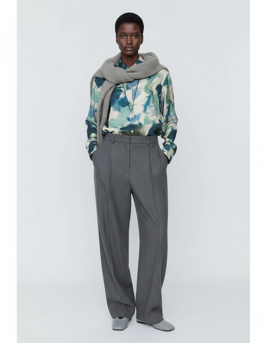 Camicetta in seta stampata, stile classico europeo, modello KUN-00005