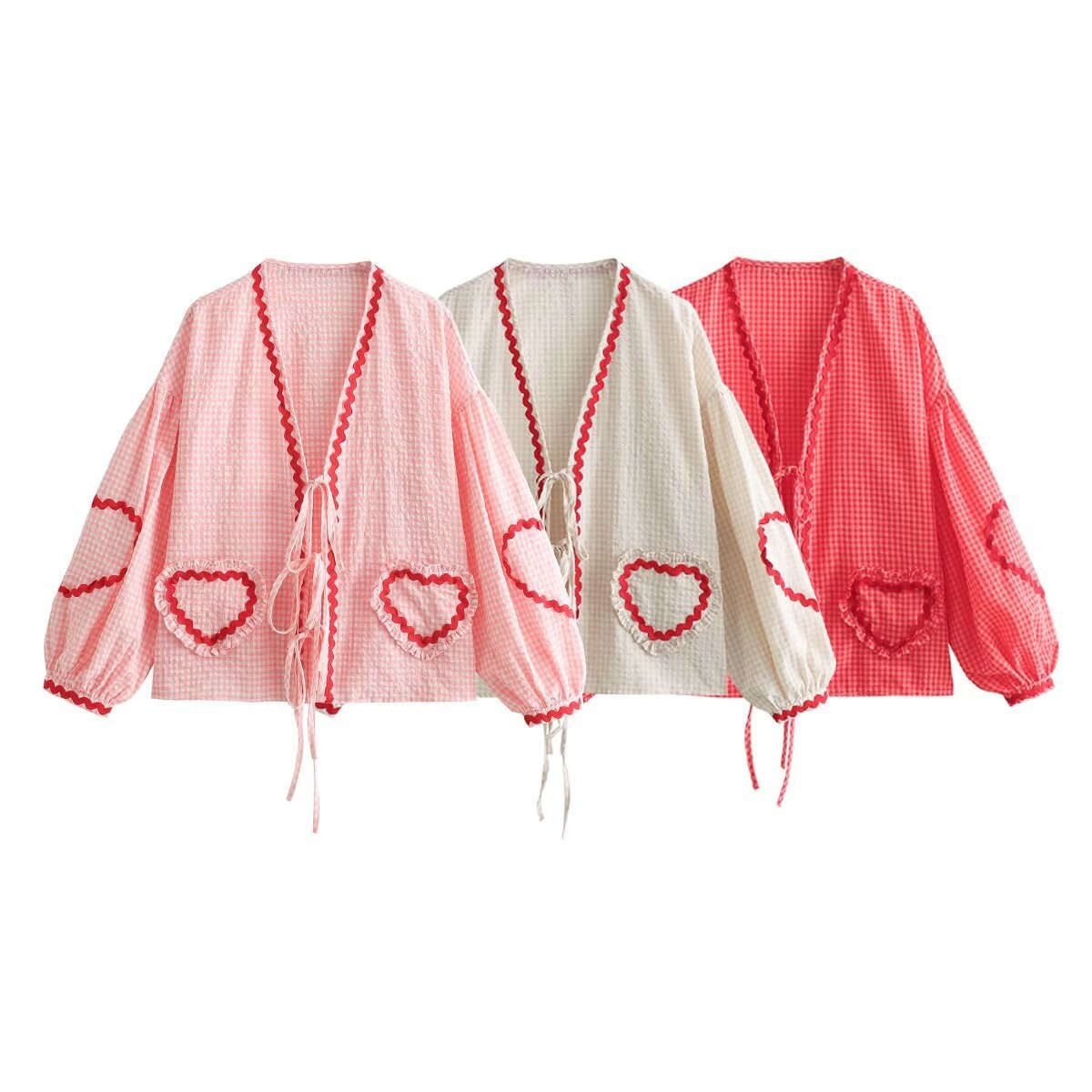 Camicetta a quadri con nastro a cuori - Elegante camicia da donna KUN-00013