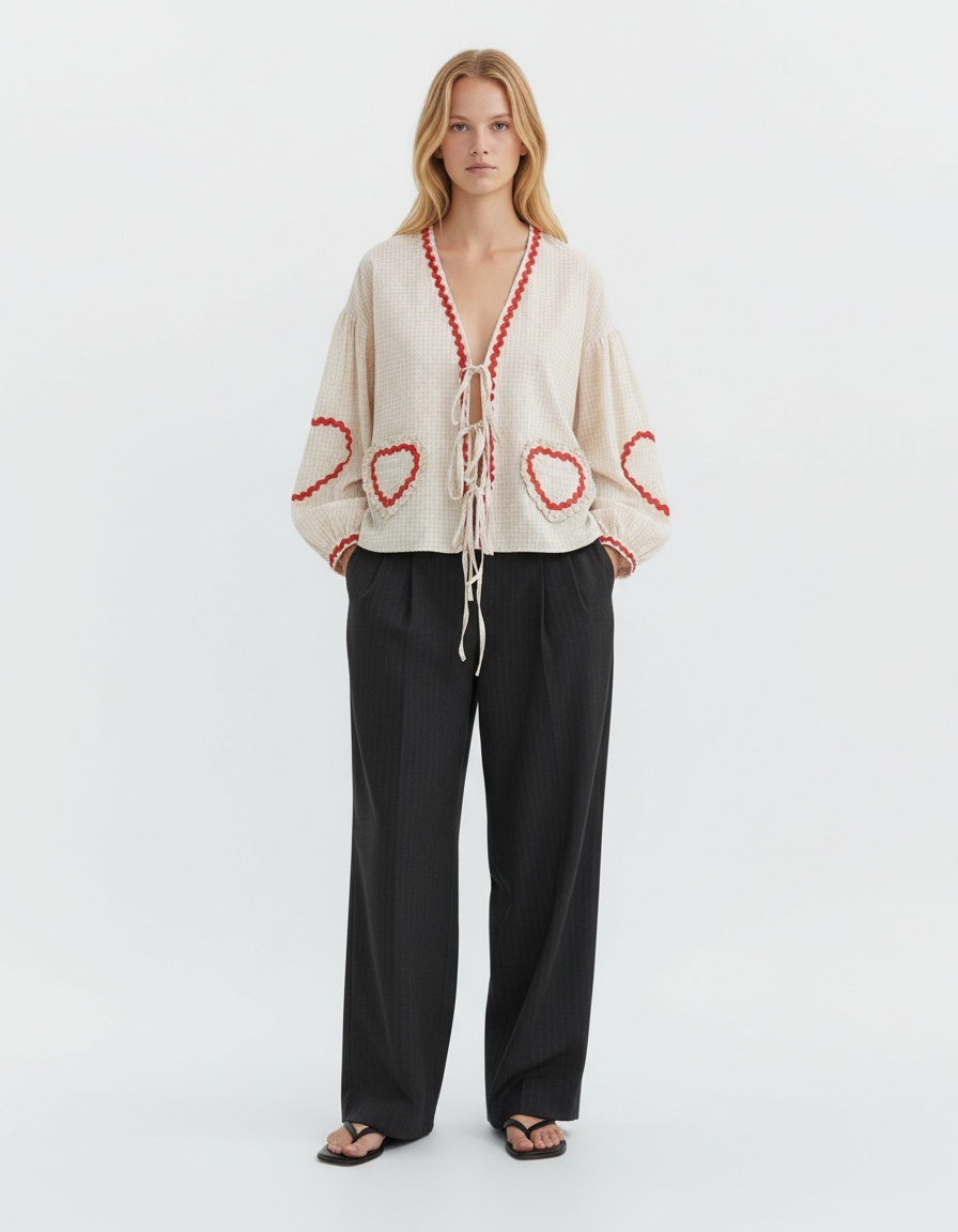 Camicetta a quadri con nastro a cuori - Elegante camicia da donna KUN-00013