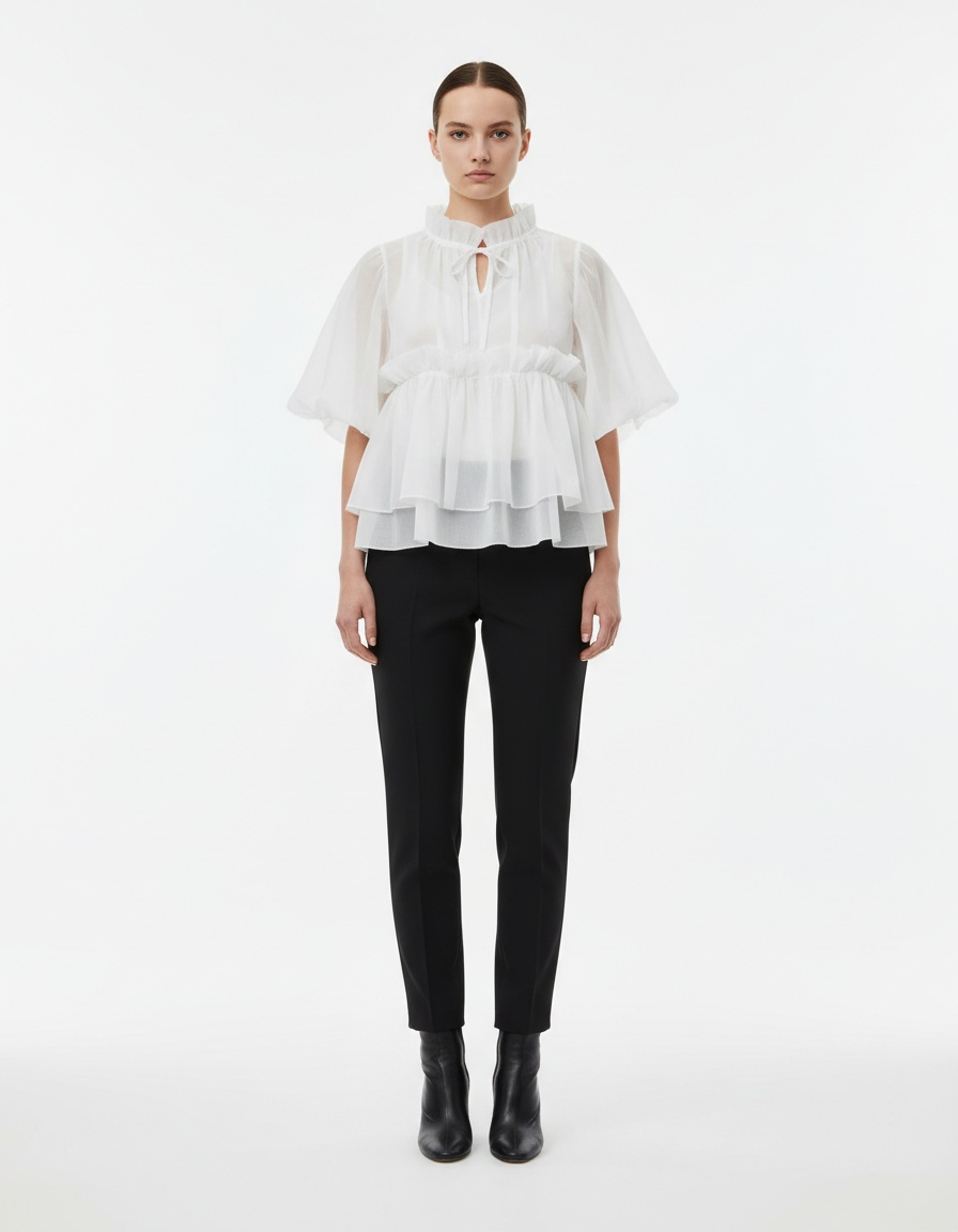 Top babydoll con maniche a sbuffo e laccetti sul davanti KUN-00016