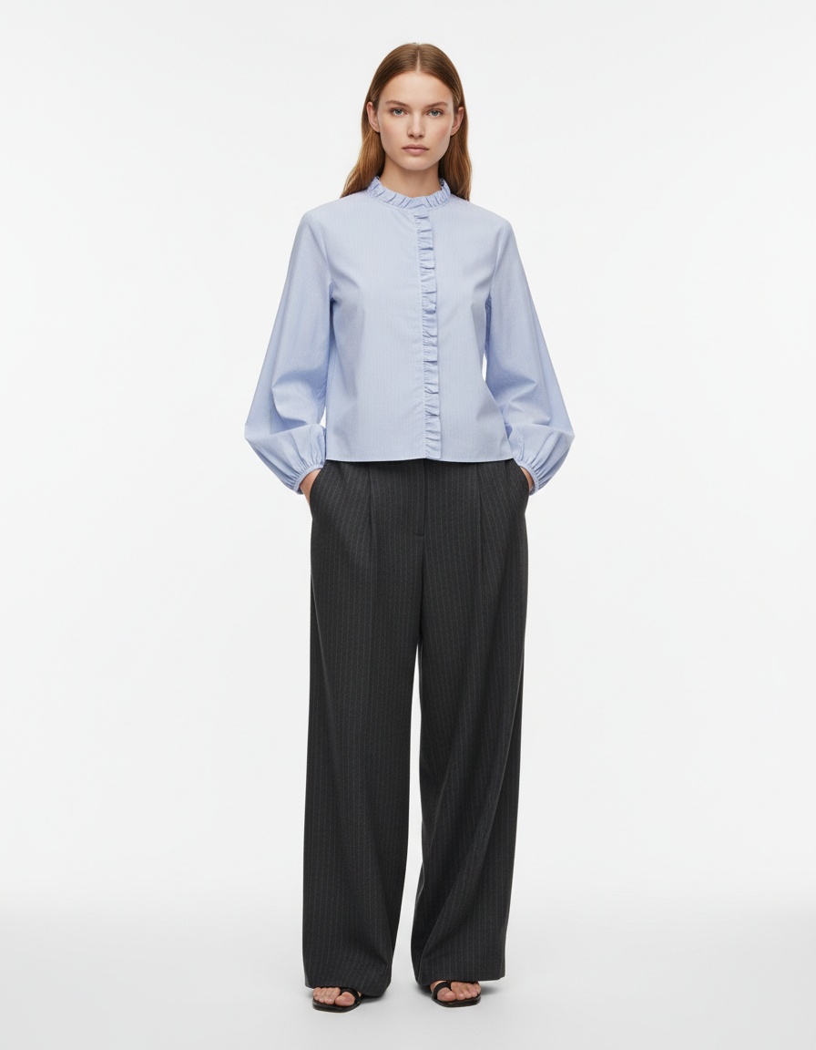 Camicetta a maniche lunghe in popeline a strati con volant KUN-00027