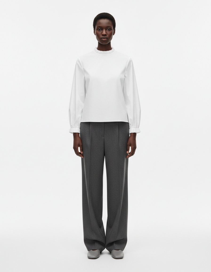 Camicetta a maniche lunghe in popeline a strati con volant KUN-00027