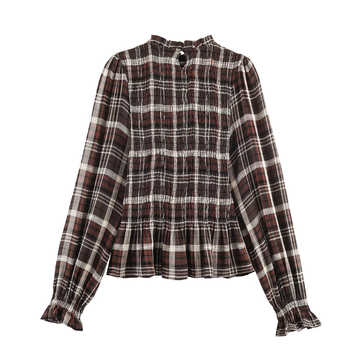 Camicia da donna a maniche lunghe con colletto alla coreana e motivo a nido d'ape KUN-00032