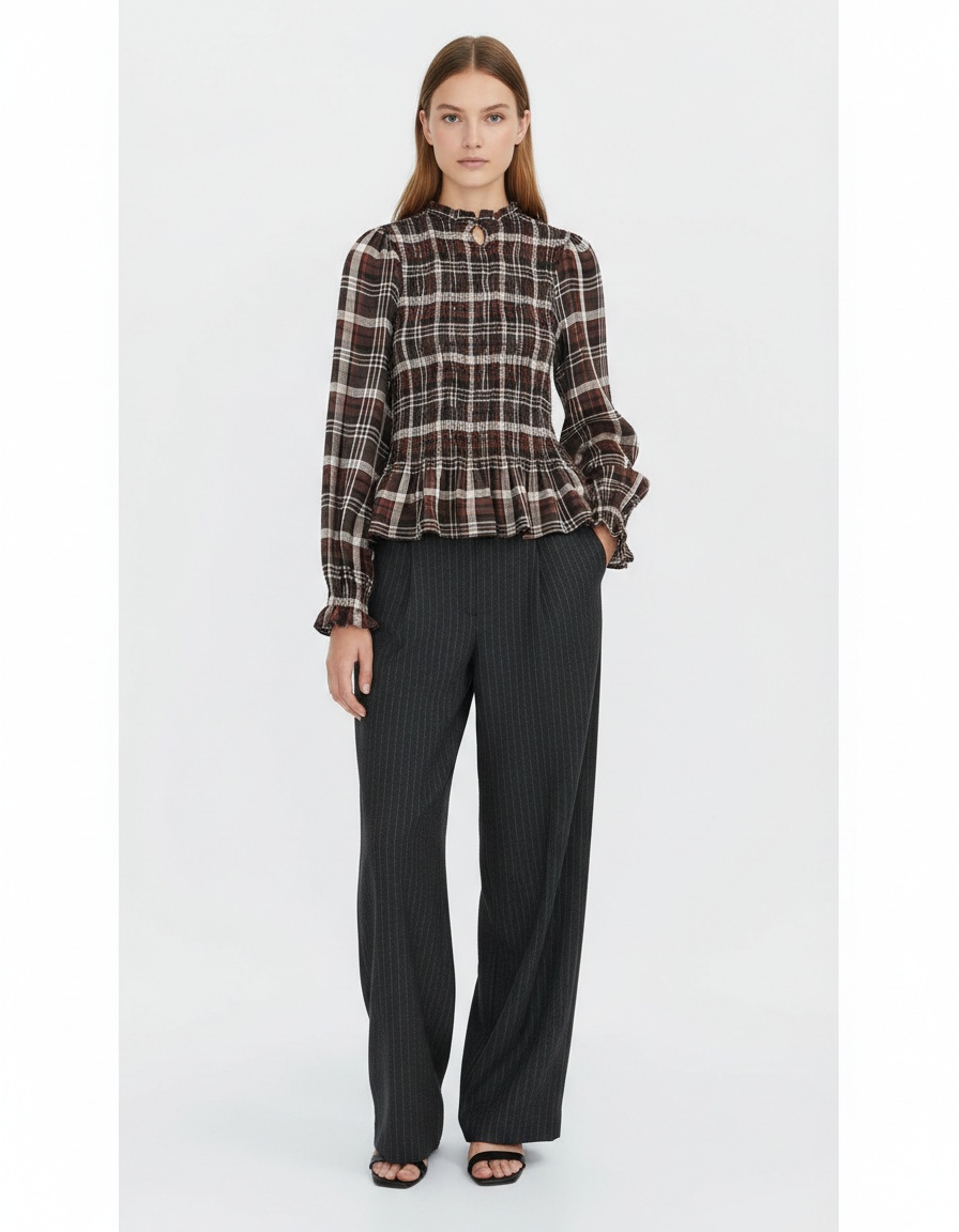 Camicia da donna a maniche lunghe con colletto alla coreana e motivo a nido d'ape KUN-00032