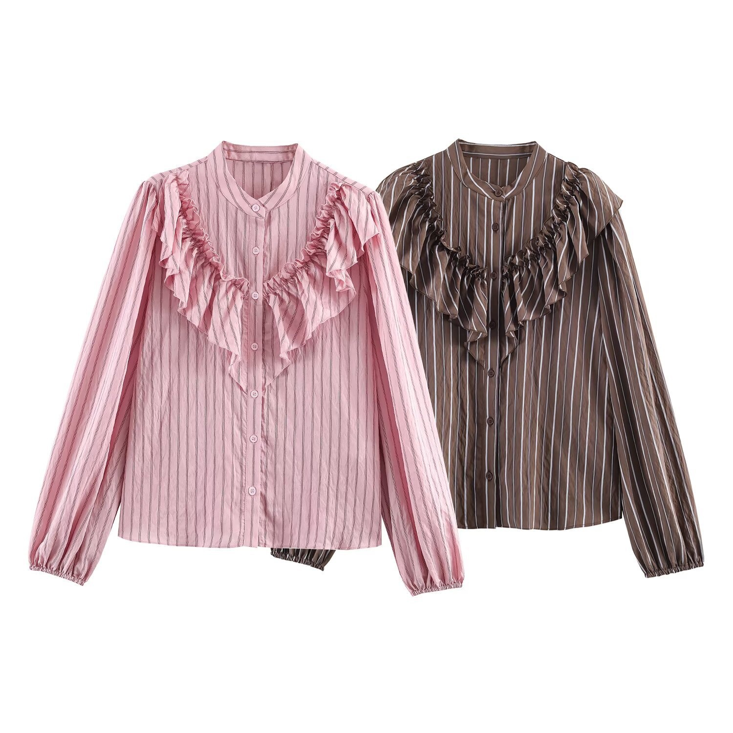 Camicia a maniche lunghe a collo alto a righe e stratificata KUN-00033