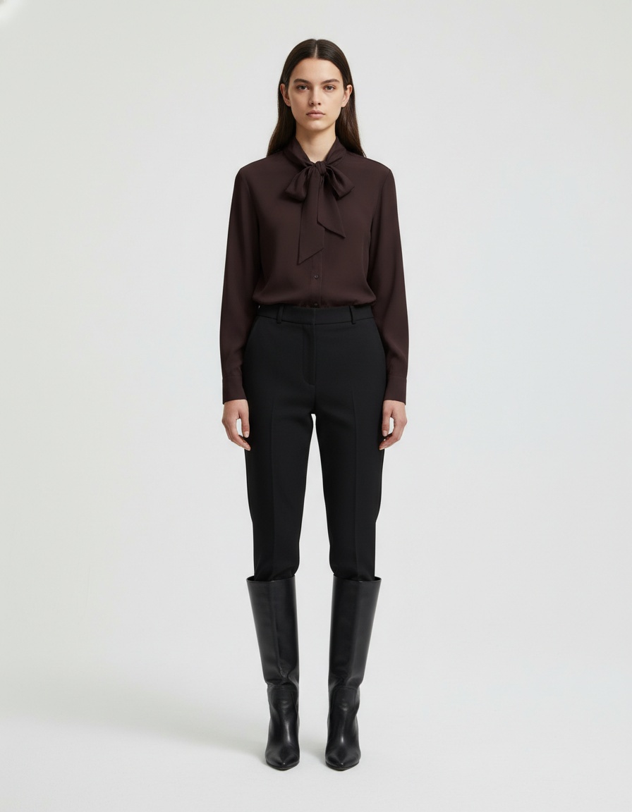 Camicia in popeline con collo a sciarpa - Camicetta chic europea KUN-00063