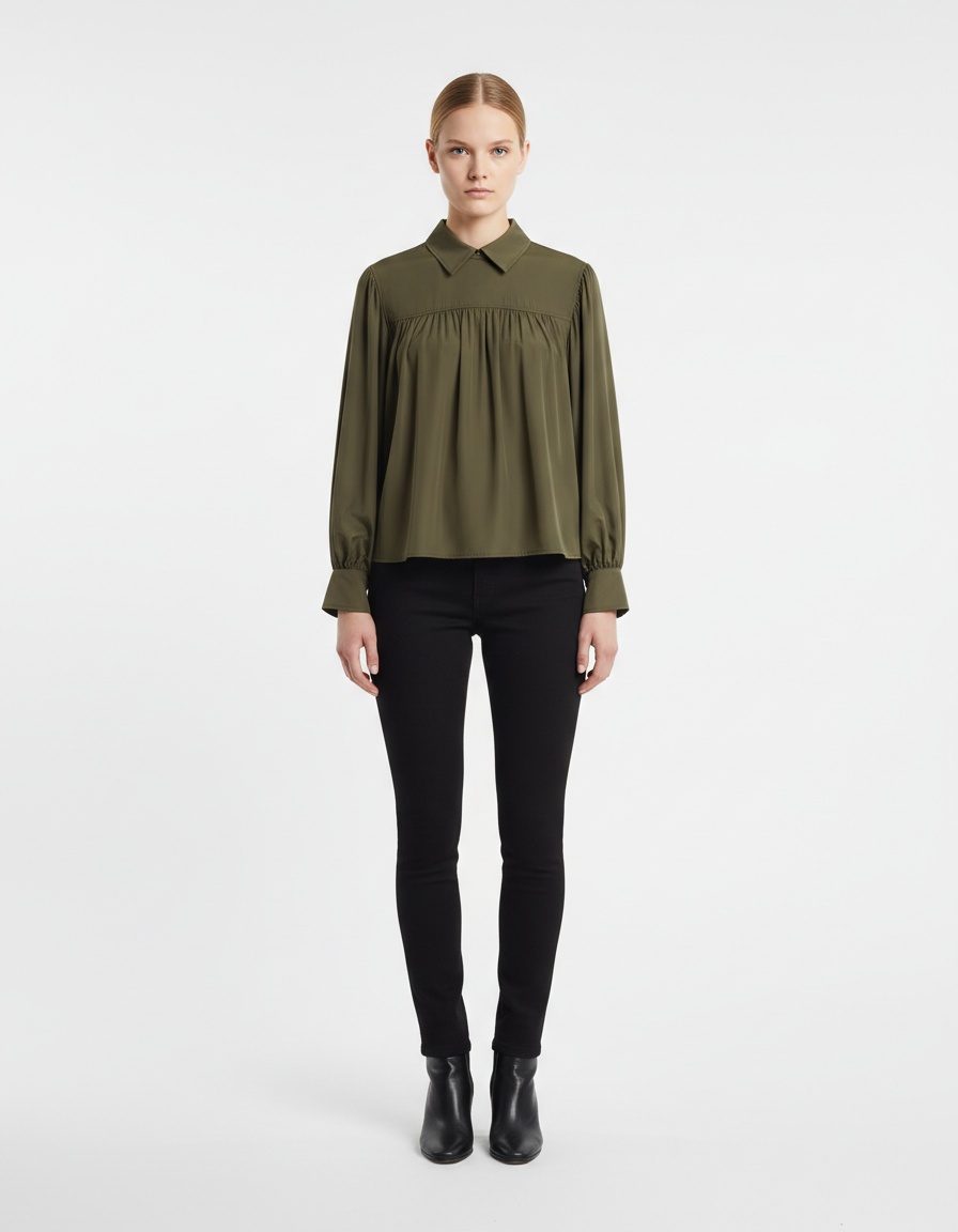 Camicetta in popeline con maniche a sbuffo - Stile chic europeo KUN-00080