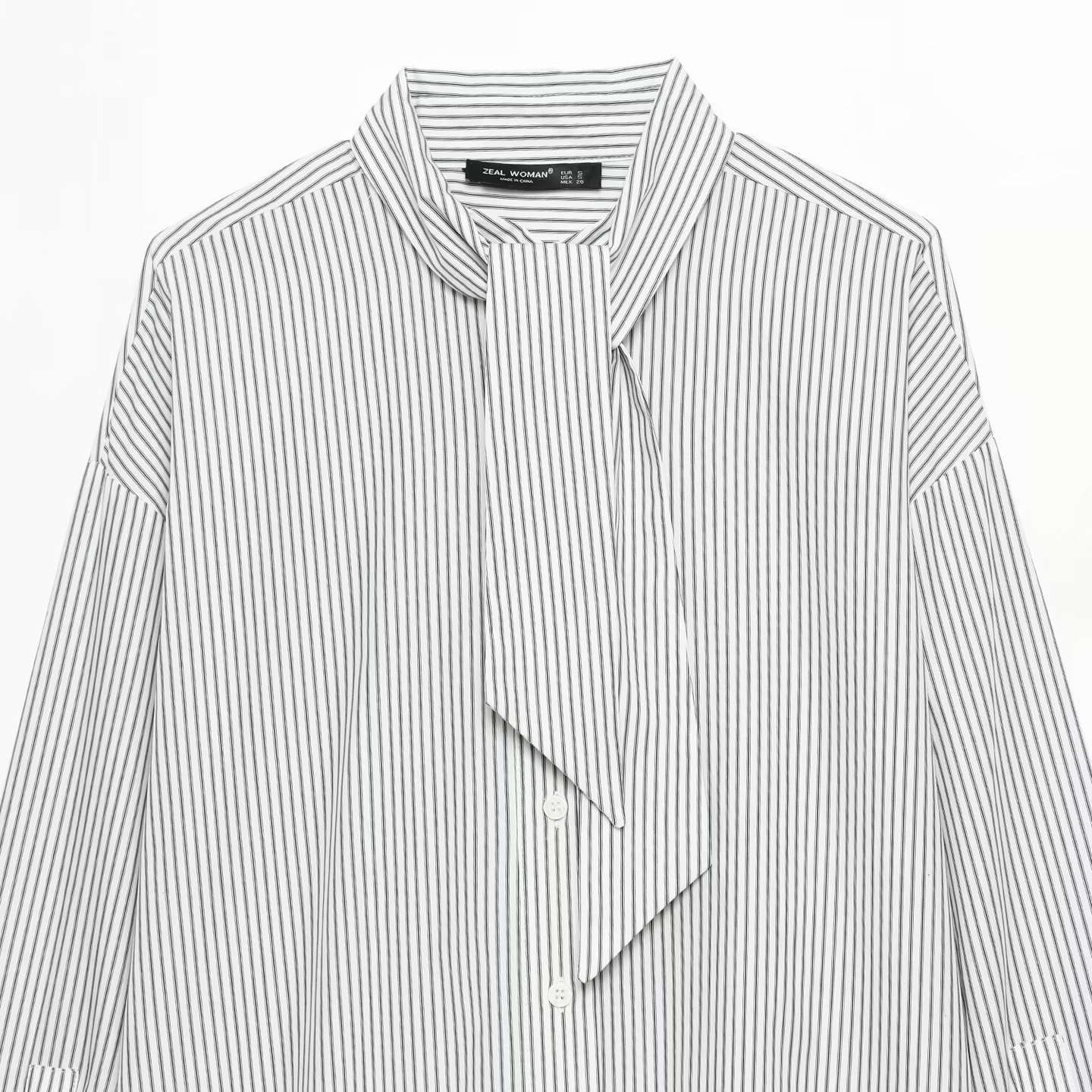 Camicia a righe in popeline con foulard da annodare - Manica lunga da donna KUN-00082