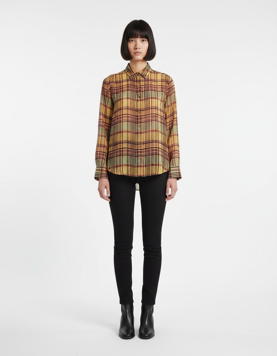 Camicia a quadri in lino - Elegante blusa da donna KUN-00091