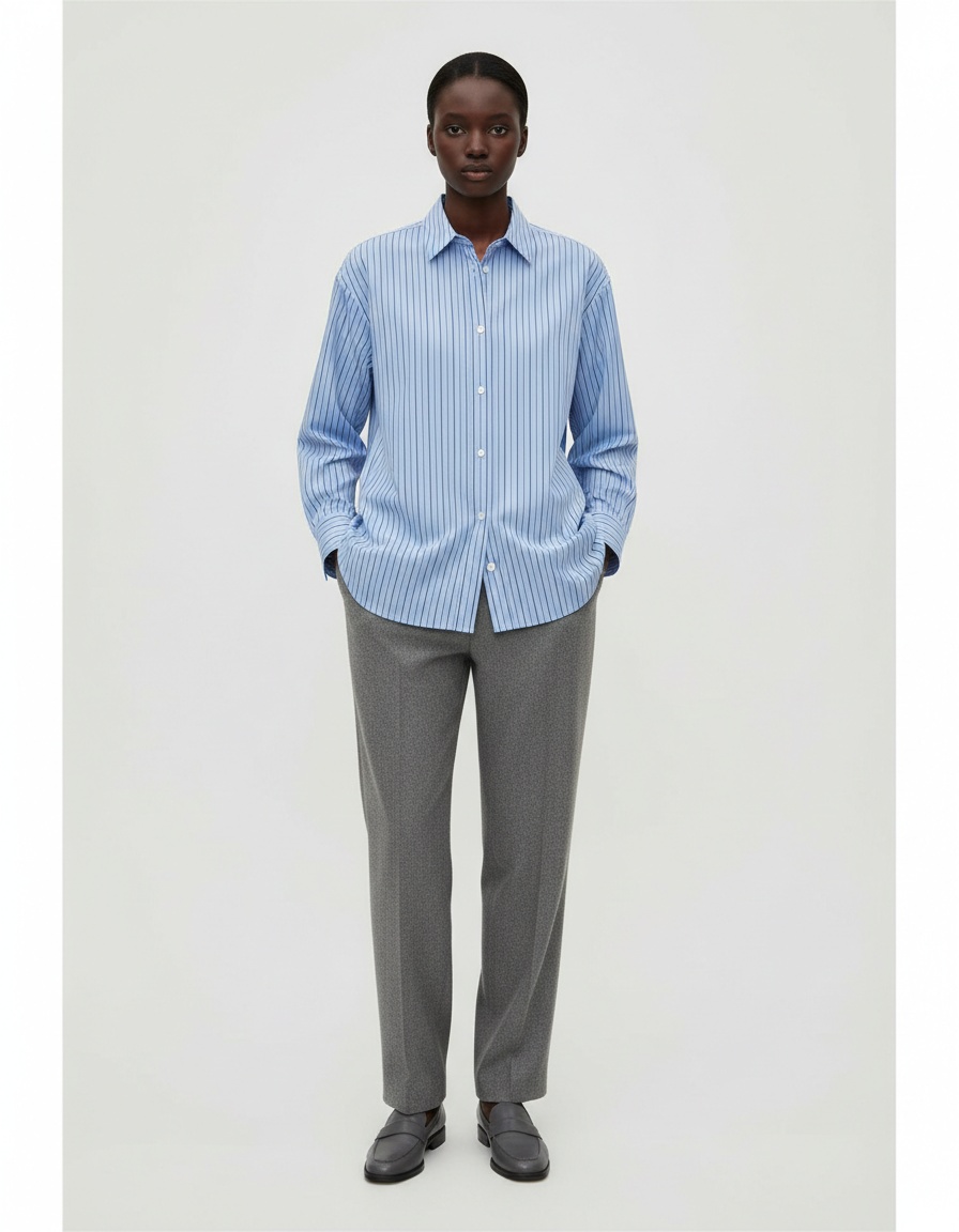 Camicia oversize a righe in popeline - Maniche lunghe, stile europeo KUN-00125