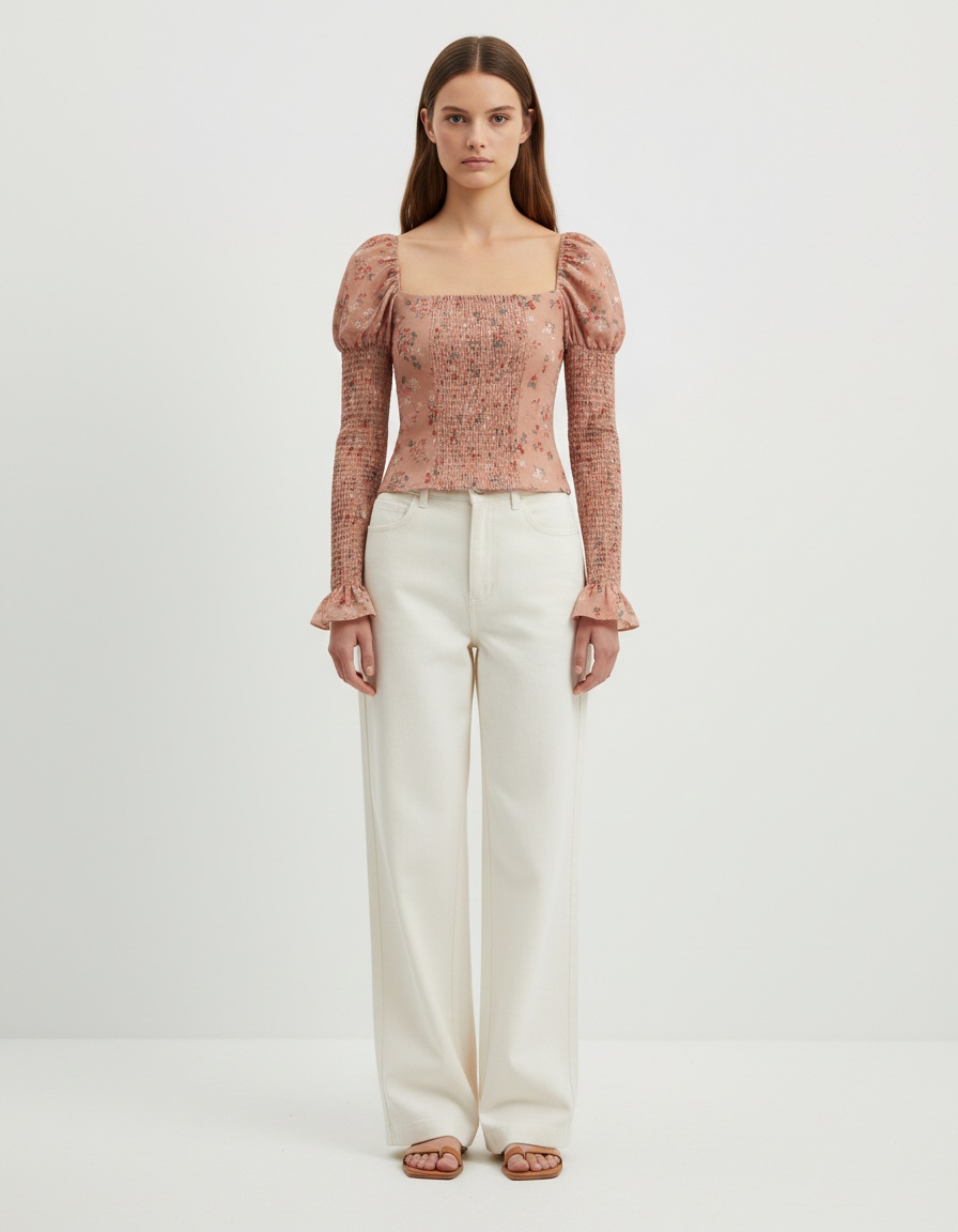 Top con stampa floreale, scollo quadrato e maniche a sbuffo KUN-00038