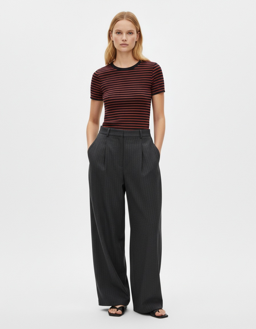 Top a righe in maglia, maniche corte, stile classico KUN-00001