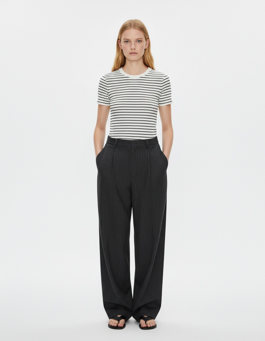 Top a righe in maglia, maniche corte, stile classico KUN-00001