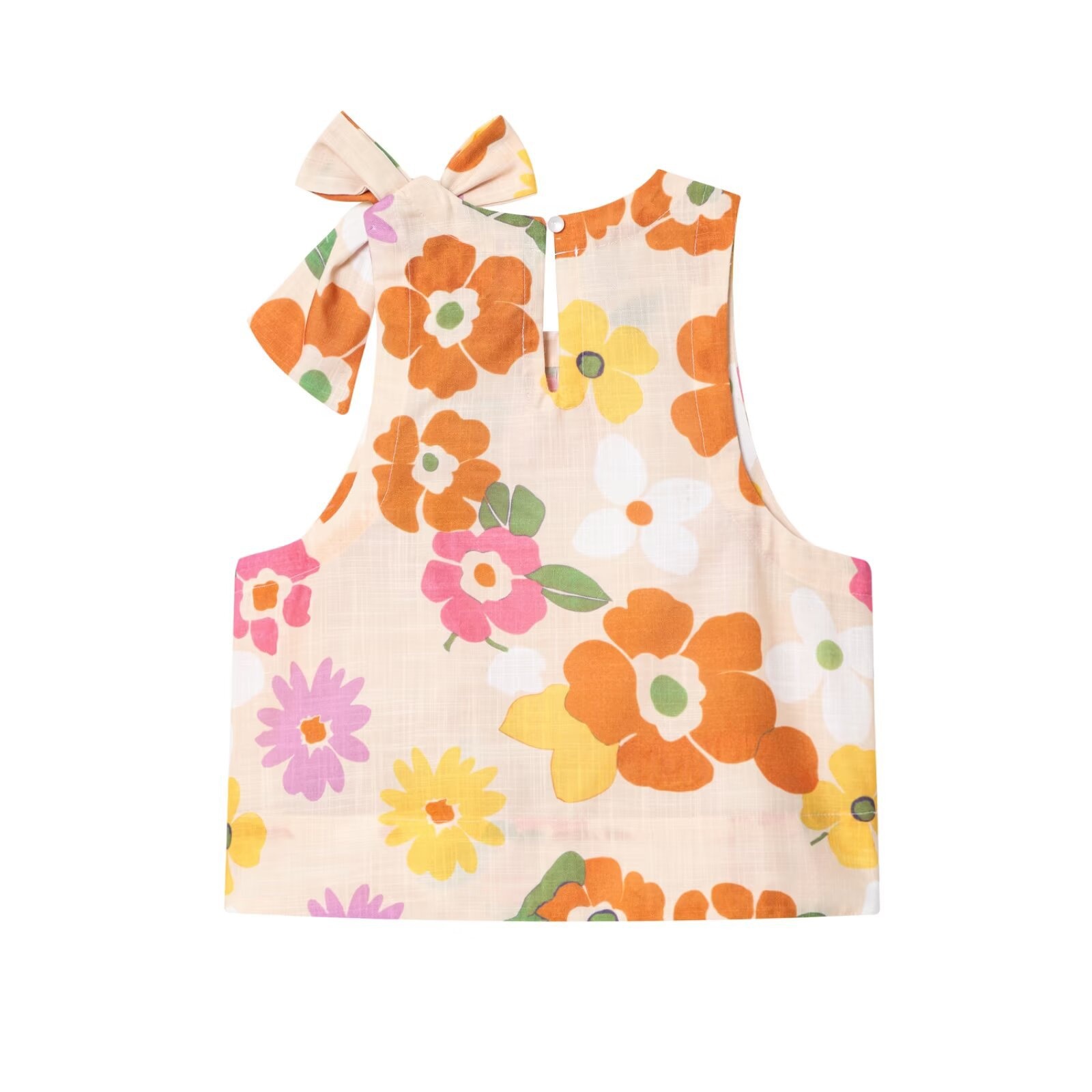 Top in lino senza maniche con fiocco al collo e stampa a farfalle KUN-00042