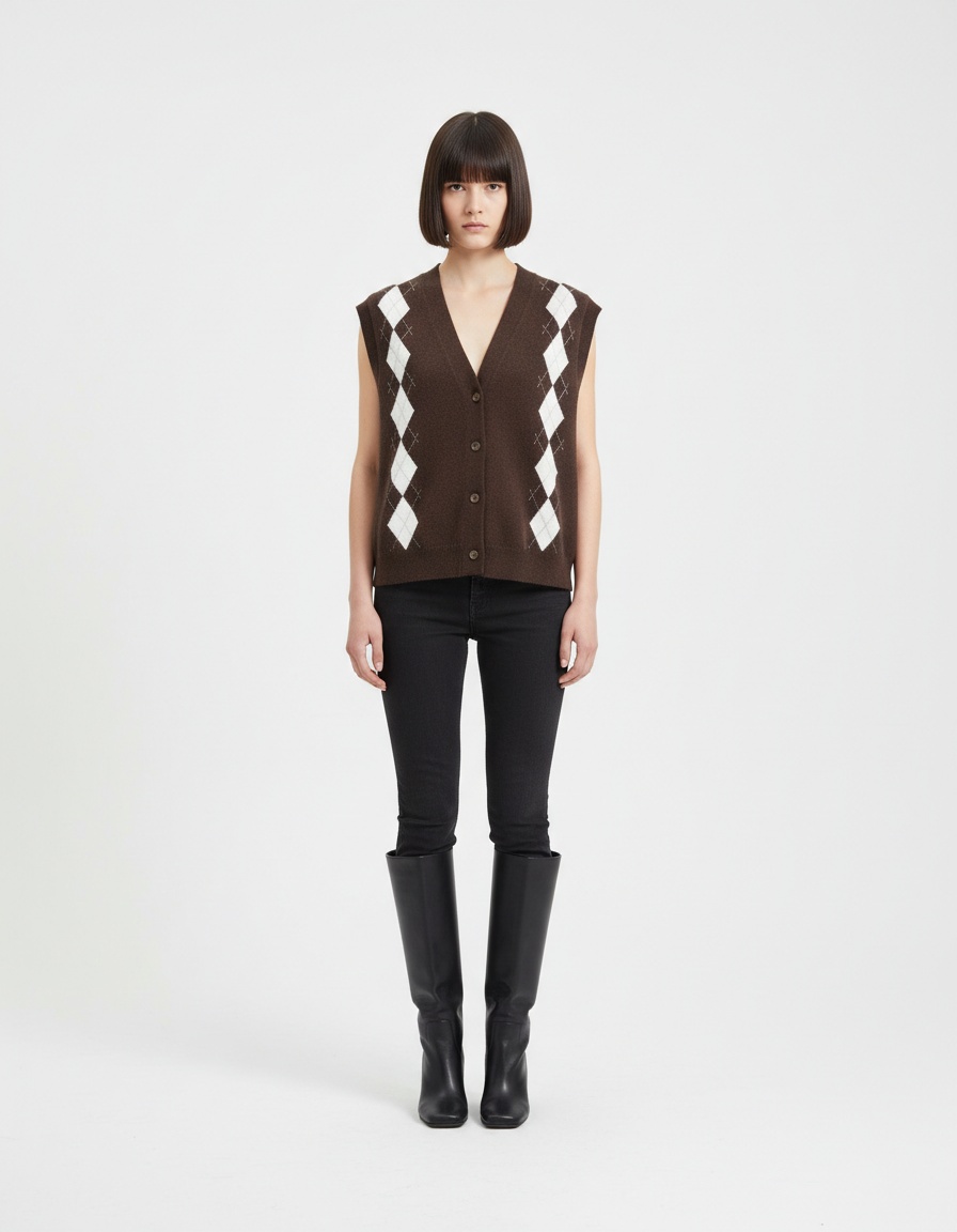 Gilet in maglia senza maniche con motivo a rombi in stile retrò KUN-00044