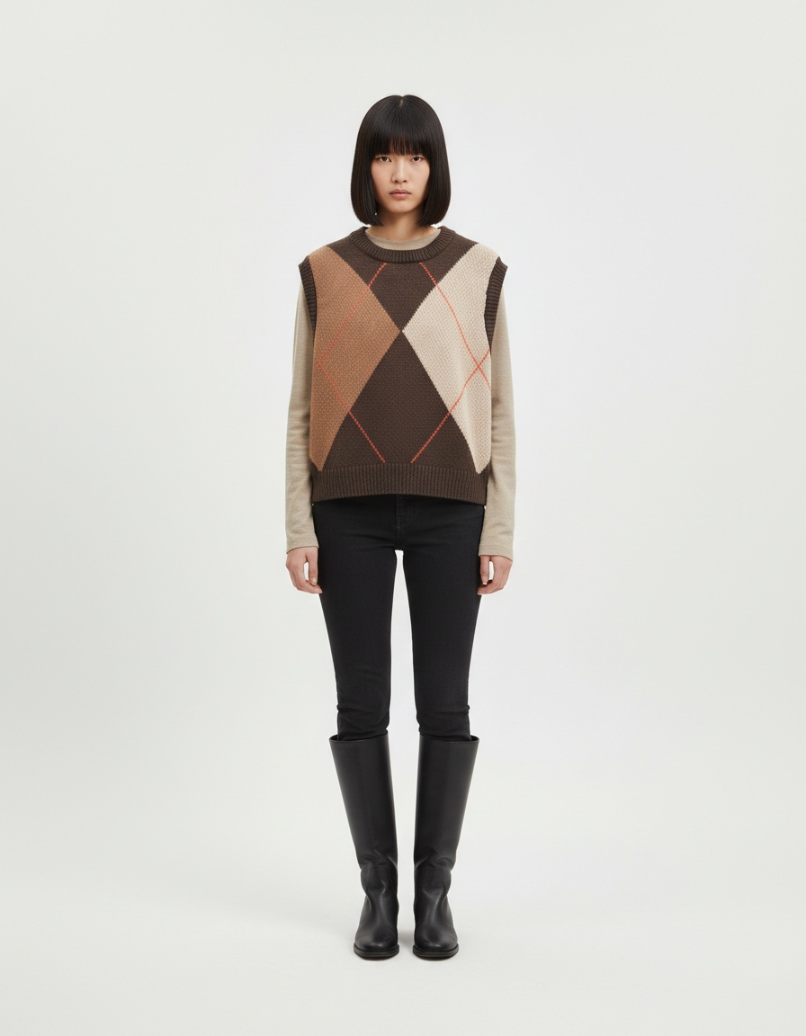 Gilet in maglia jacquard a rombi, senza maniche, modello KUN-00070