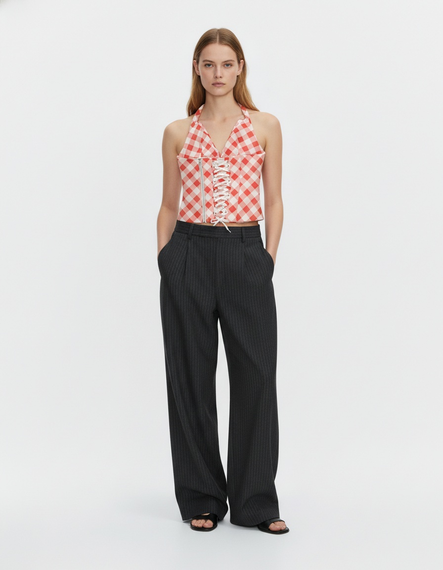 Top corto senza schienale con scollo all'americana e stampa a quadri rossi KUN-00089