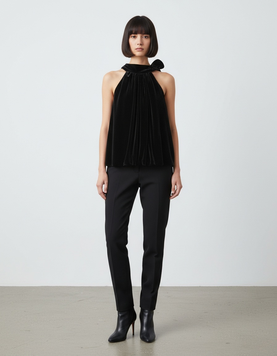 Camicetta in velluto con fiocco e maniche a palloncino KUN-00127