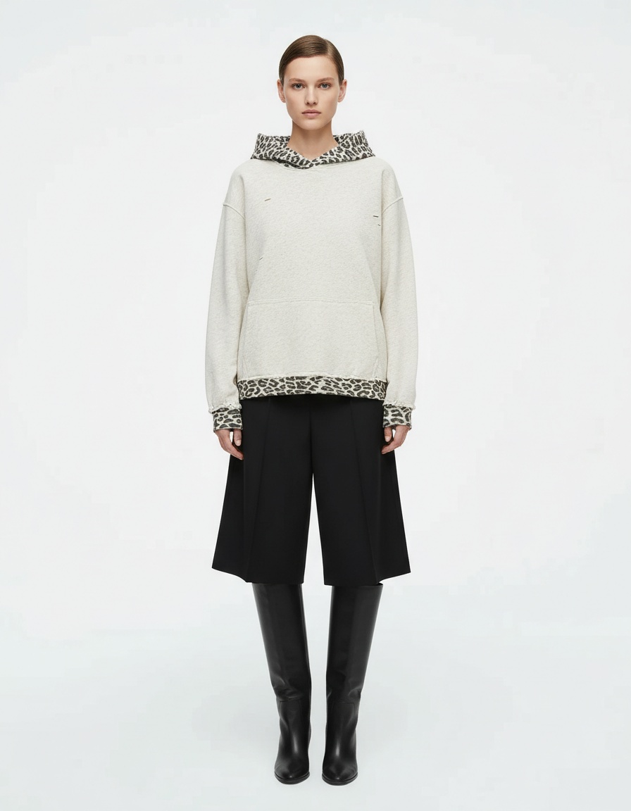 Leopard Patch Hoodie Distressed Pullover KUN-00012