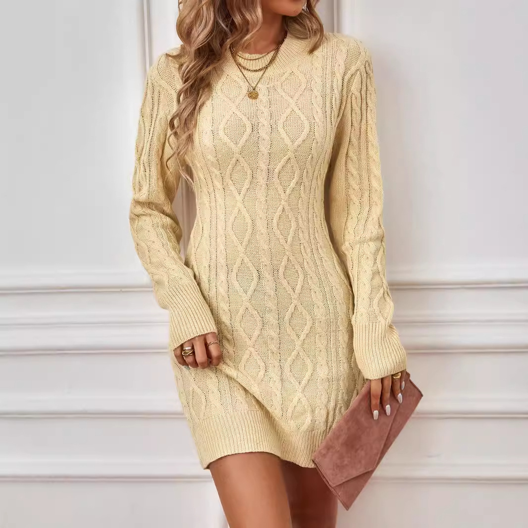 Women's Knit Cable-Knit Open Back Long Sleeve Dress Spring Autumn