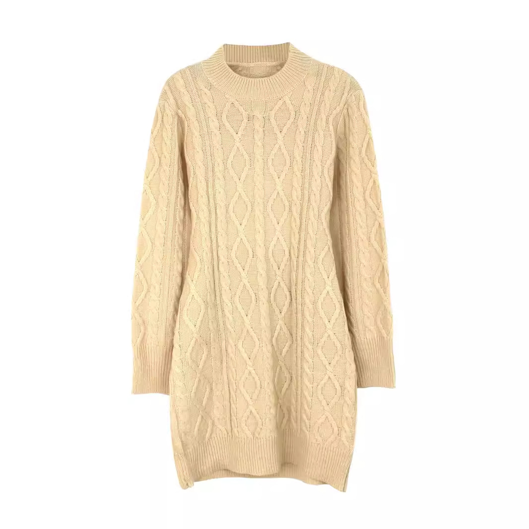 Women's Knit Cable-Knit Open Back Long Sleeve Dress Spring Autumn