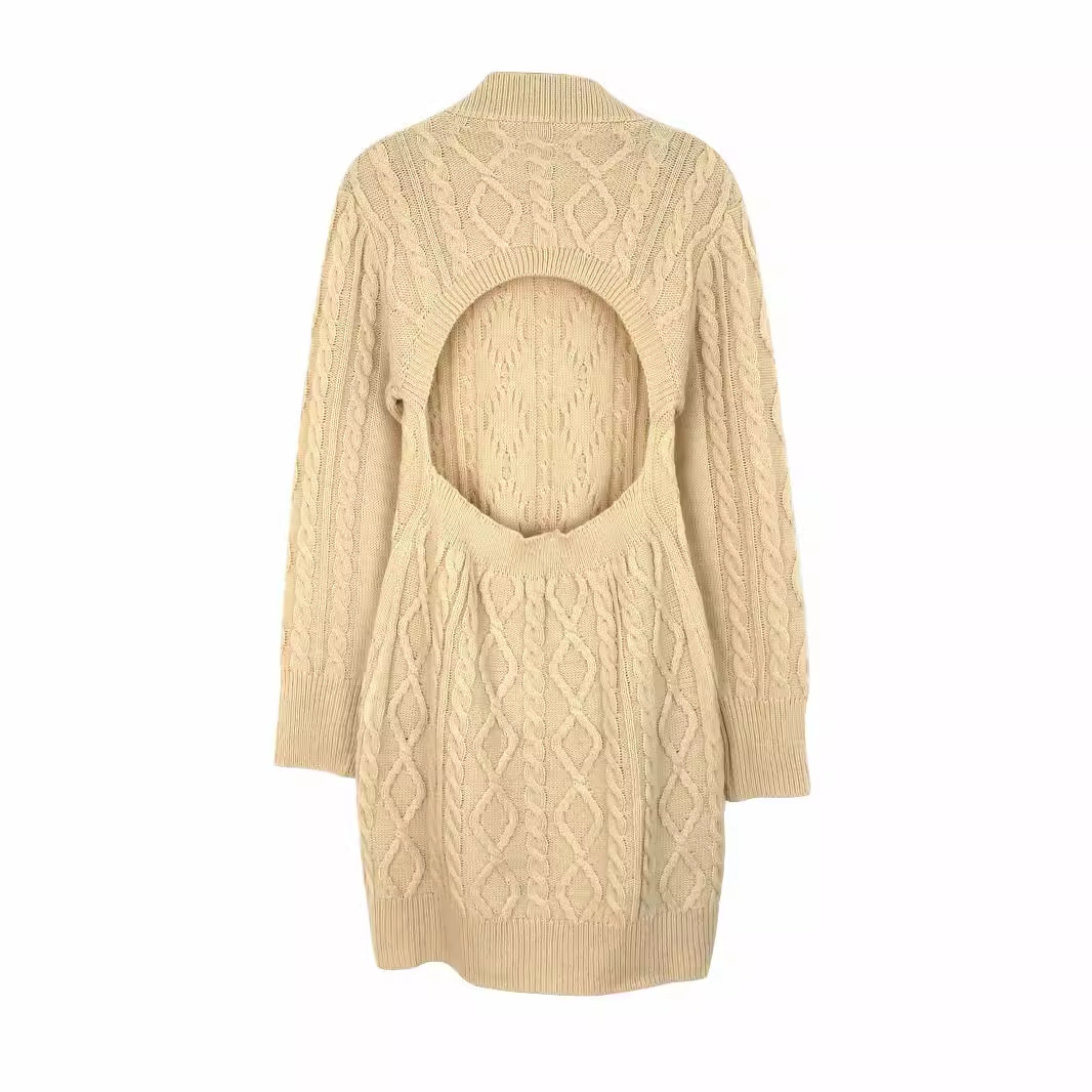 Women's Knit Cable-Knit Open Back Long Sleeve Dress Spring Autumn