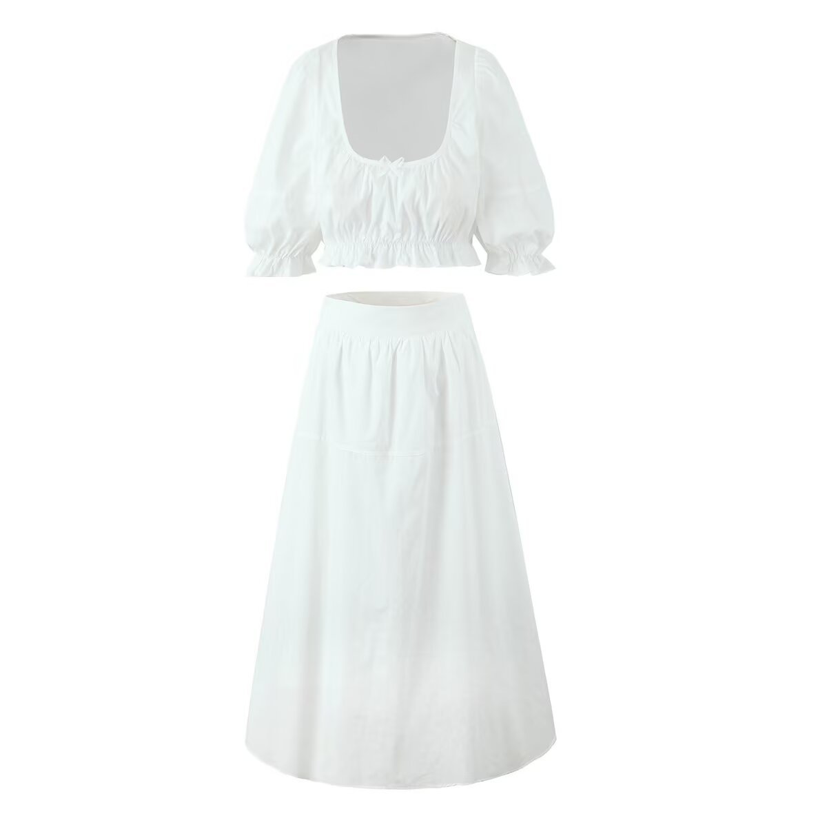 Conjunto de top corto con mangas abullonadas y falda de cintura alta para mujer KUN-00081