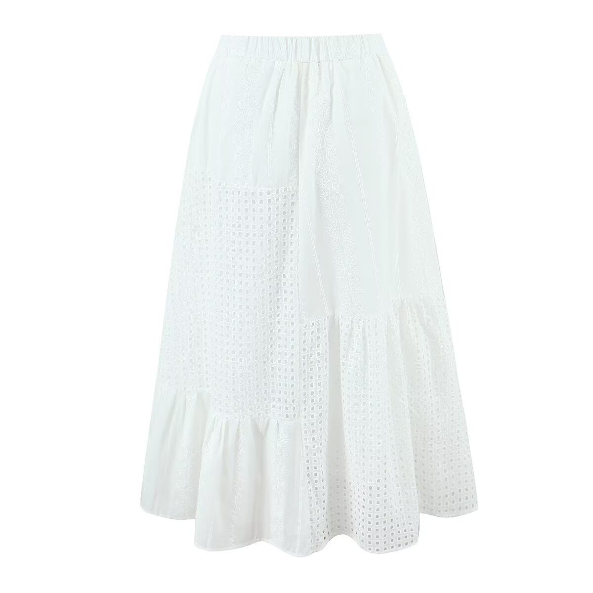 Crochet Lace White Maxi Skirt Elastic Waist KUN-00006