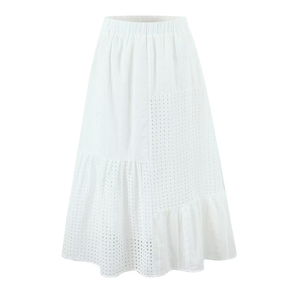 Crochet Lace White Maxi Skirt Elastic Waist KUN-00006